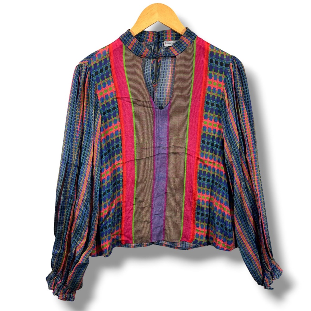 Anthropologie Conditions Apply Retro Striped Check Print Peasant Blouse Size XXS